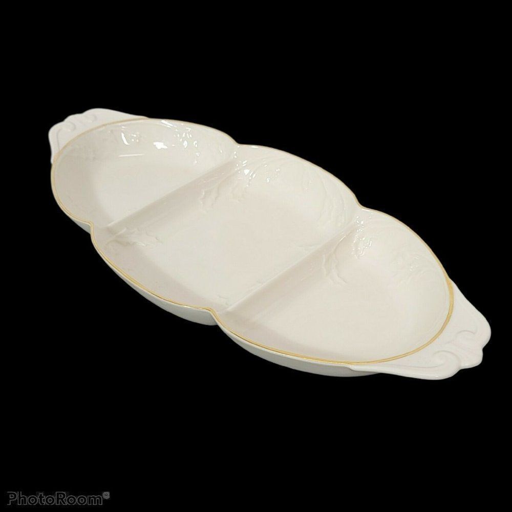 Lenox Off White Ceramic Holiday Heirloom 3 Part Relish Server Tray China Platter